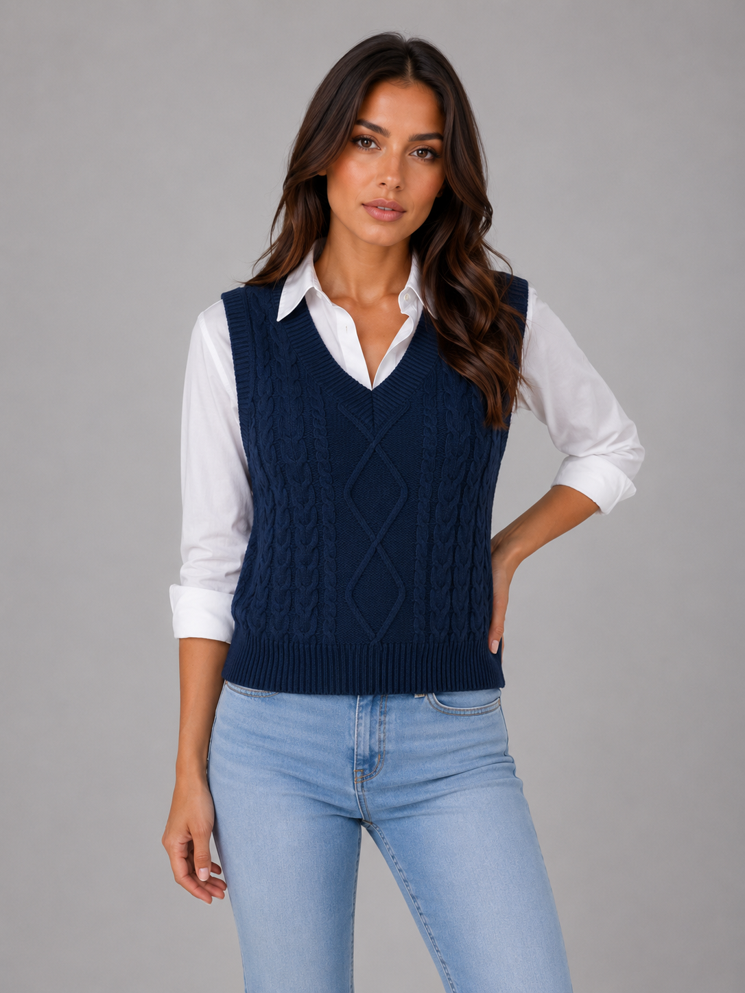 Camille - Pull femme sans manches en maille torsadée avec col v et chaud