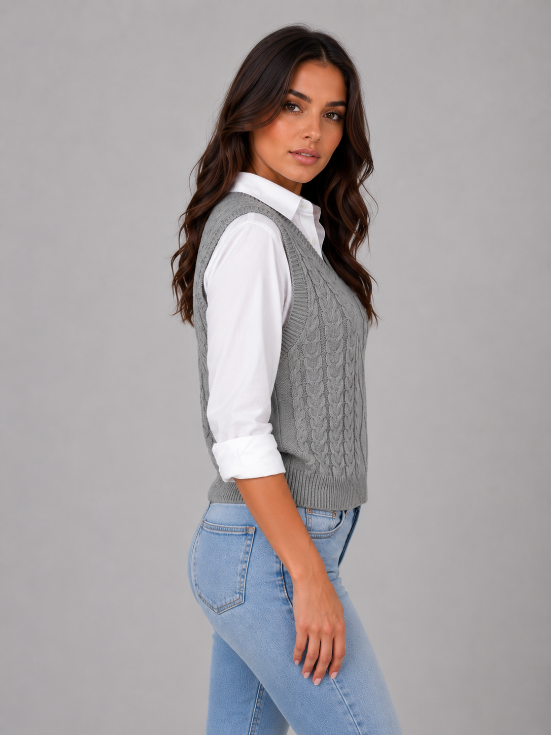 Camille - Pull femme sans manches en maille torsadée avec col v et chaud