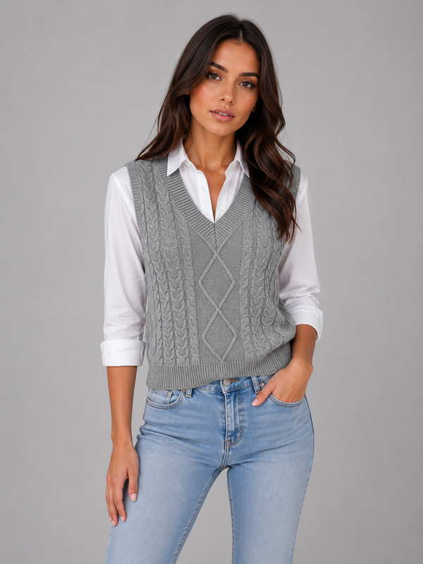 Camille - Pull femme sans manches en maille torsadée avec col v et chaud