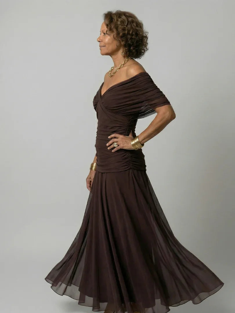 Camille - Robe Maxi d'Été Femme Bohème avec Encolure Bardot et Taille Drapée