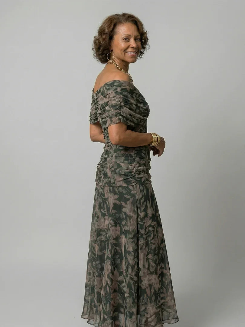 Camille - Robe Maxi d'Été Femme Bohème avec Encolure Bardot et Taille Drapée