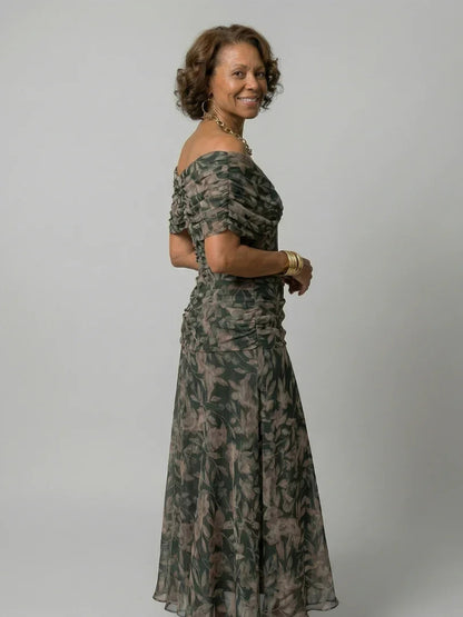 Camille - Robe Maxi d'Été Femme Bohème avec Encolure Bardot et Taille Drapée