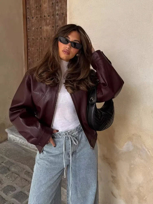 Camille - Veste Femme Bomber en Cuir Style Oversize pour l'Automne