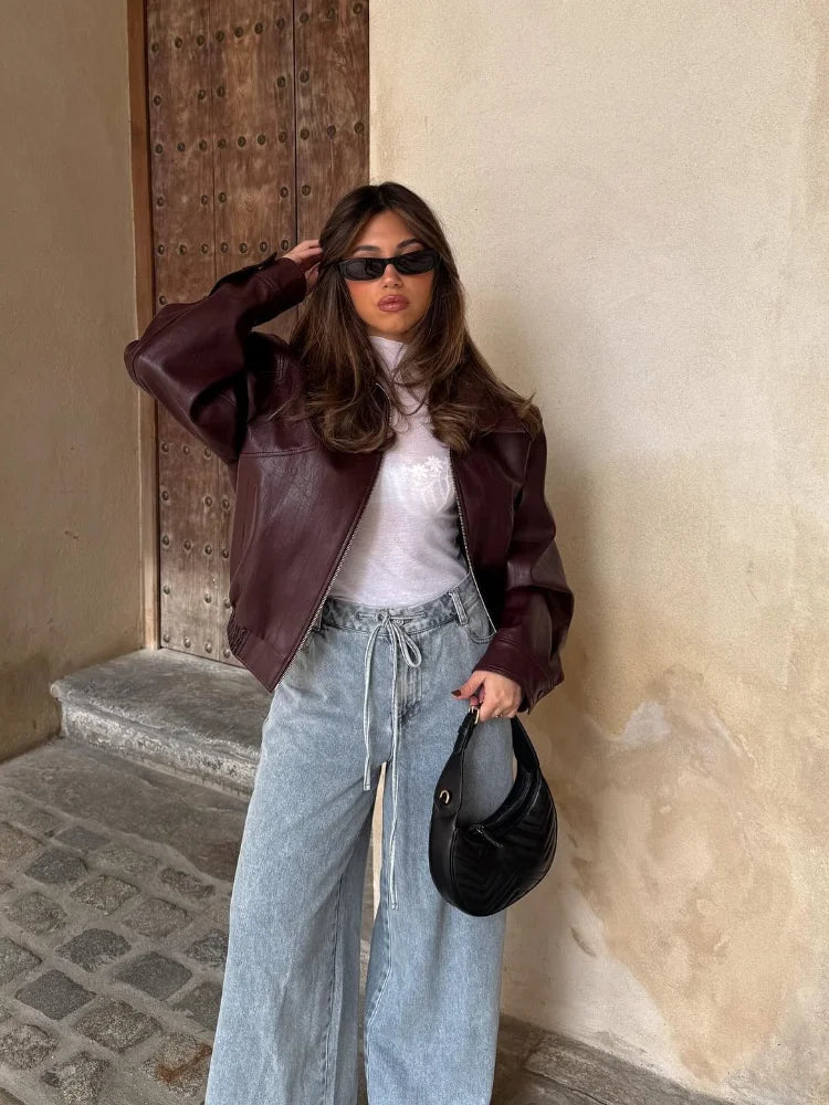 Camille - Veste Femme Bomber en Cuir Style Oversize pour l'Automne