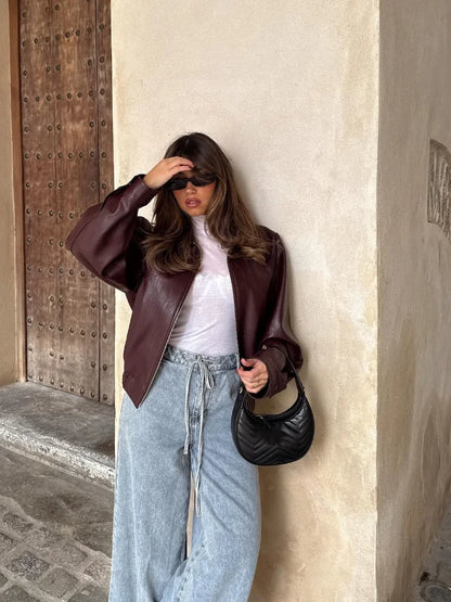 Camille - Veste Femme Bomber en Cuir Style Oversize pour l'Automne