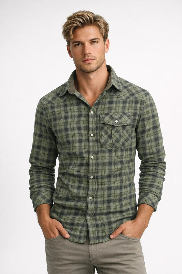 Chemise Homme - Manches Longues Carreaux Poche Poitrine | Casual