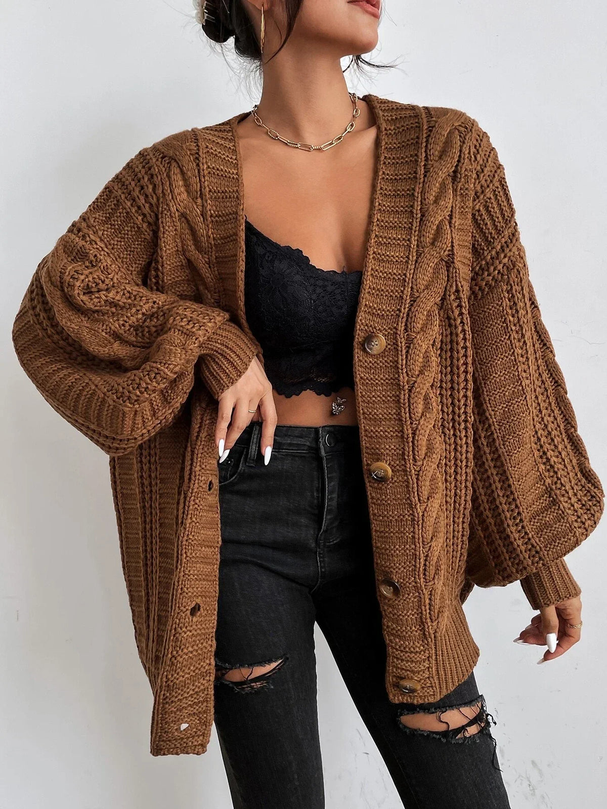 Clara - Cardigan femme oversize chaud et torsadé à col V