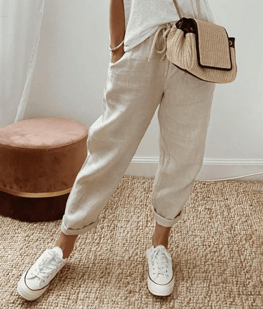 Chloé - Pantalon en Lin Femme Casual avec Bas Élastiqué et Coupe Fuselée