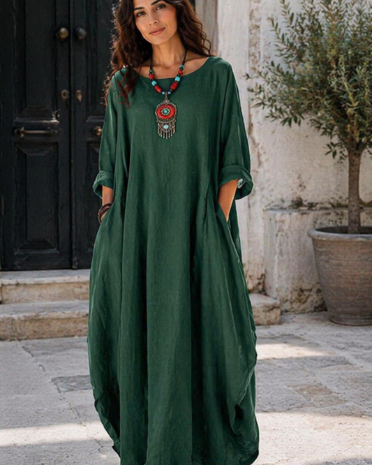 Chloé - Robe Maxi Bohème Femme en Lin avec Manches Chauve-Souris et Coupe Oversize