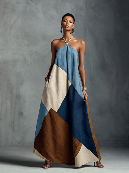 Chloé - Robe Maxi en Lin Femme Bohème avec Col Halter et Jupe Ample