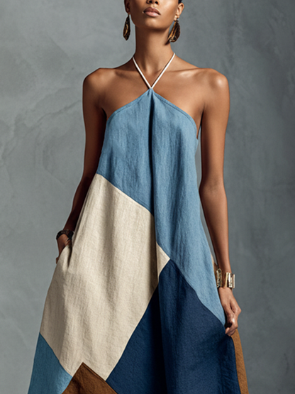 Chloé - Robe Maxi en Lin Femme Bohème avec Col Halter et Jupe Ample