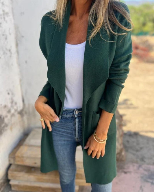 Clara - Gilet Femme Automne Long avec Manches Longues et Col Ouvert