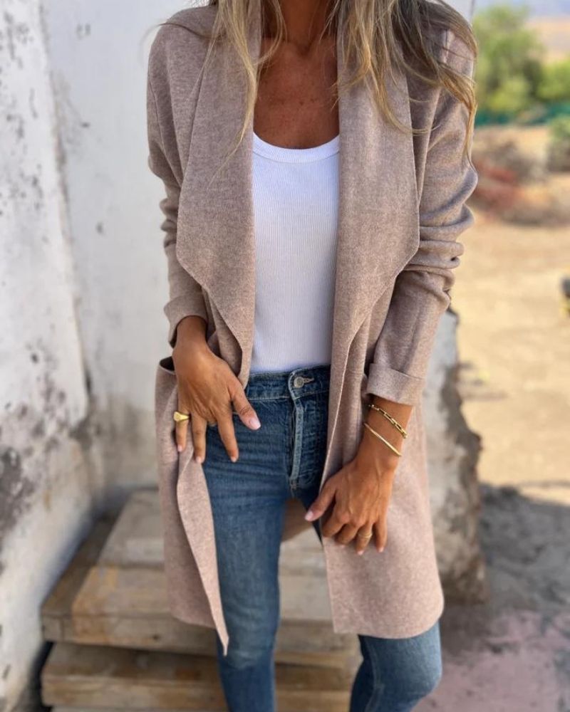 Clara - Gilet Femme Automne Long avec Manches Longues et Col Ouvert