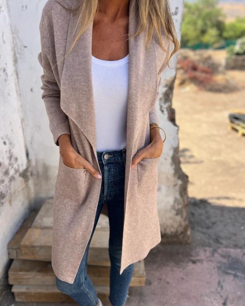 Clara - Gilet Femme Automne Long avec Manches Longues et Col Ouvert