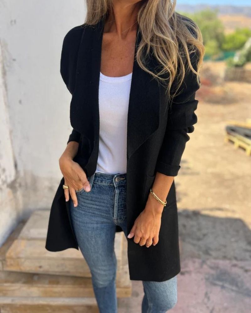 Clara - Gilet Femme Automne Long avec Manches Longues et Col Ouvert