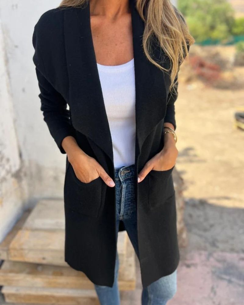 Clara - Gilet Femme Automne Long avec Manches Longues et Col Ouvert