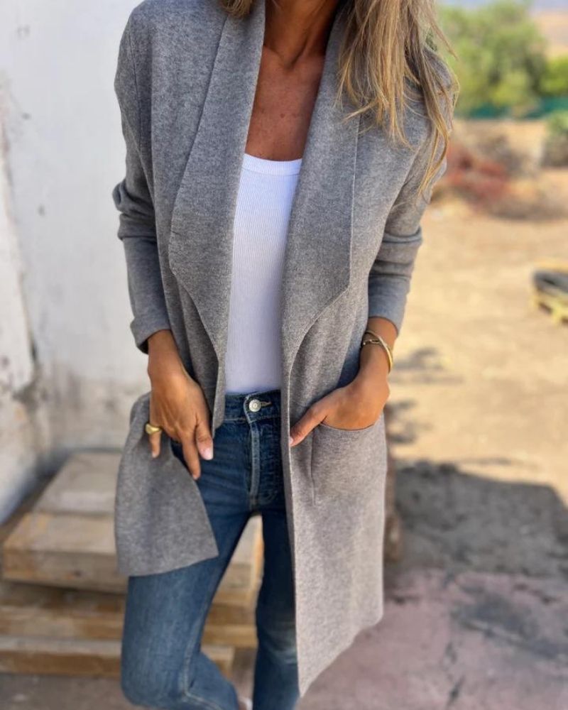 Clara - Gilet Femme Automne Long avec Manches Longues et Col Ouvert