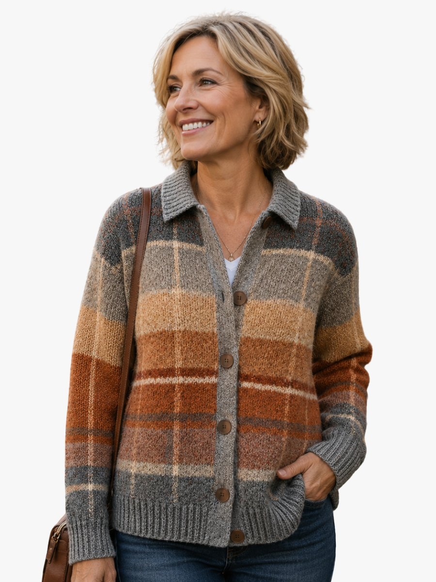 Clara - Gilet Femme Automne en Maille Boutonné avec Col Chemise et Poches