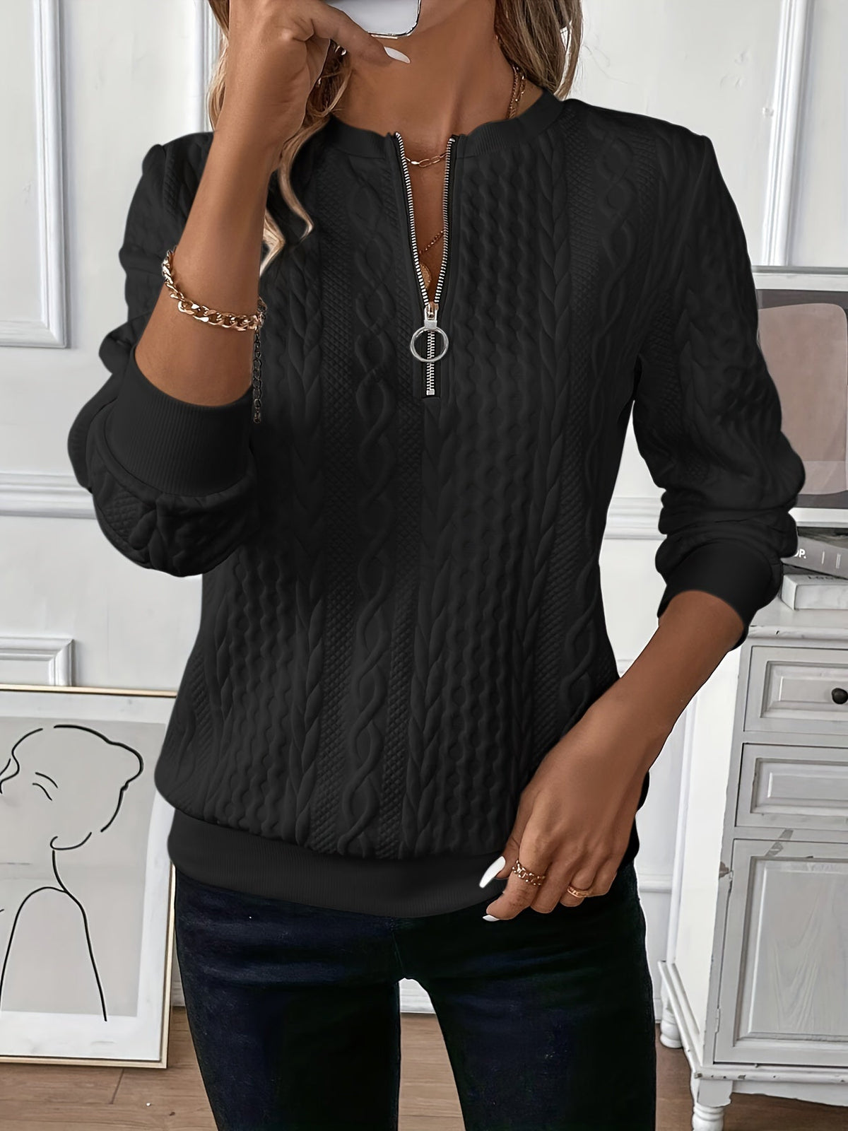 Clara - Pull Femme Confortable à Col Zippé et Maille Torsadée