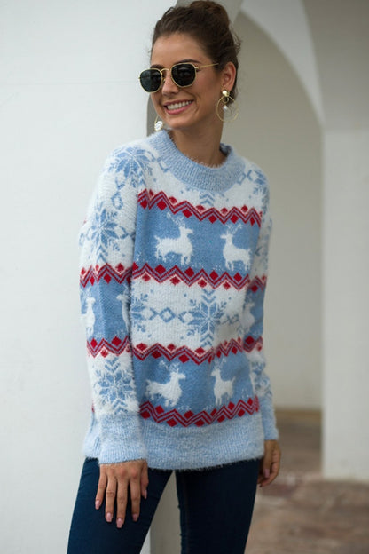 Clara - Pull de noël femme rayé à motif renne et flocons de neige en maille