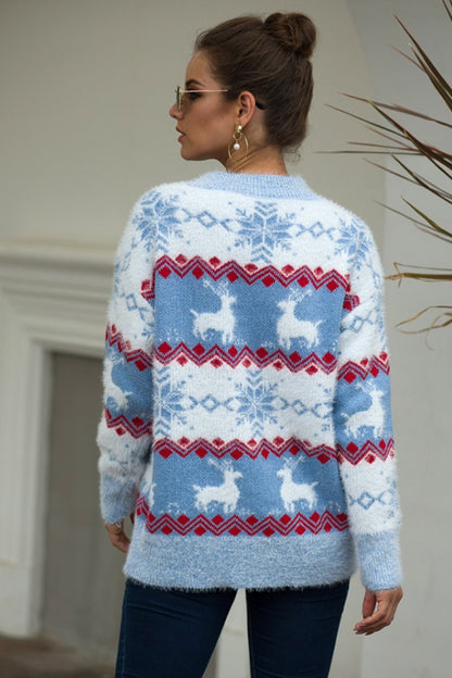 Clara - Pull de noël femme rayé à motif renne et flocons de neige en maille