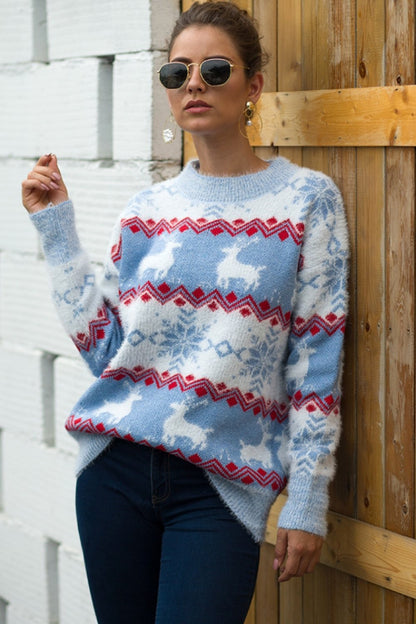 Clara - Pull de noël femme rayé à motif renne et flocons de neige en maille
