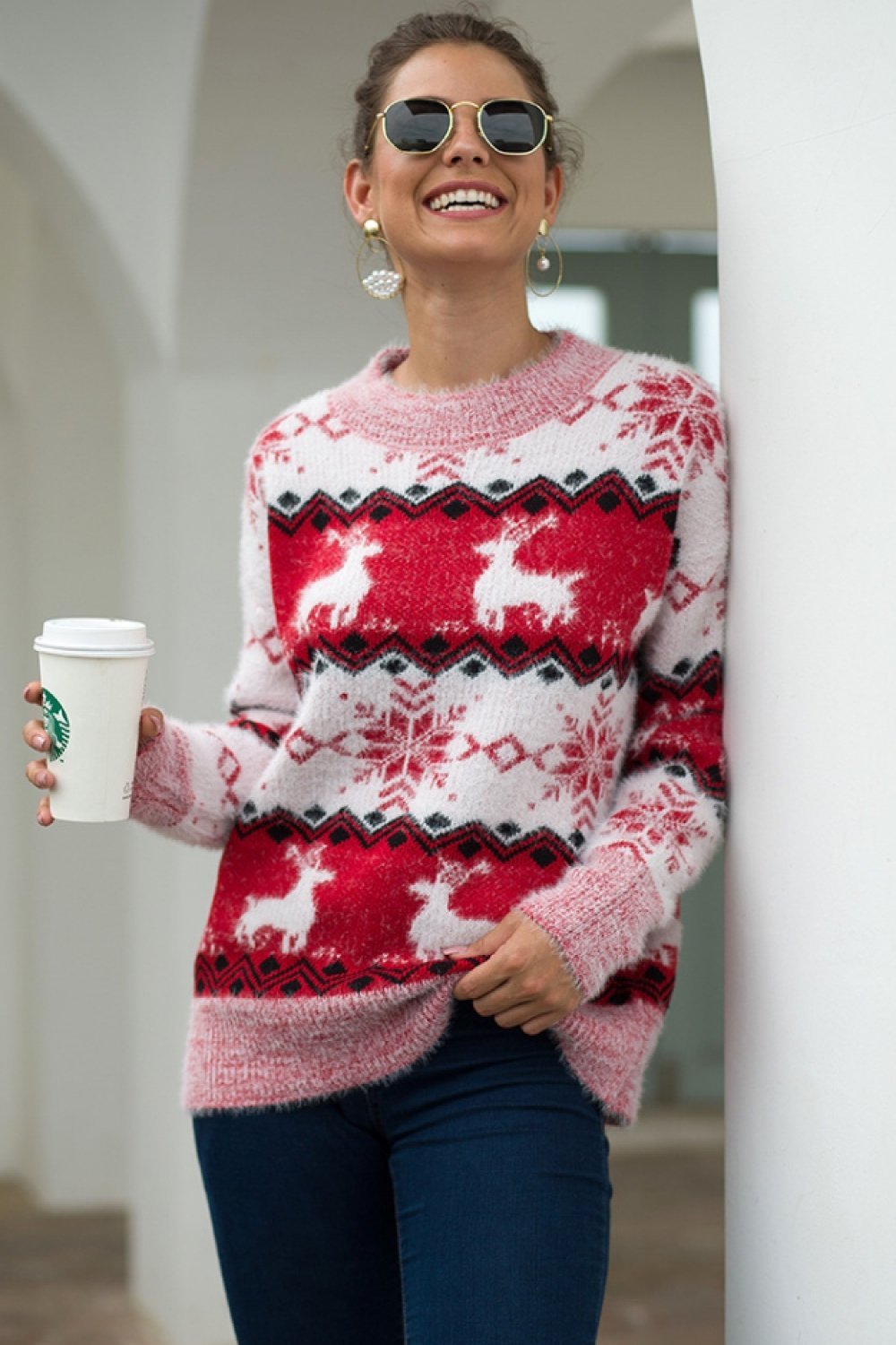 Clara - Pull de noël femme rayé à motif renne et flocons de neige en maille