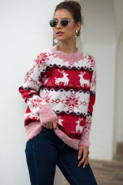 Clara - Pull de noël femme rayé à motif renne et flocons de neige en maille