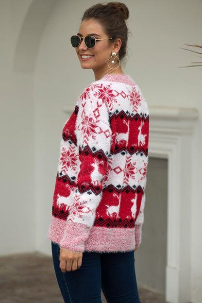 Clara - Pull de noël femme rayé à motif renne et flocons de neige en maille