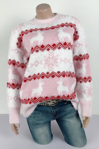 Clara - Pull de noël femme rayé à motif renne et flocons de neige en maille