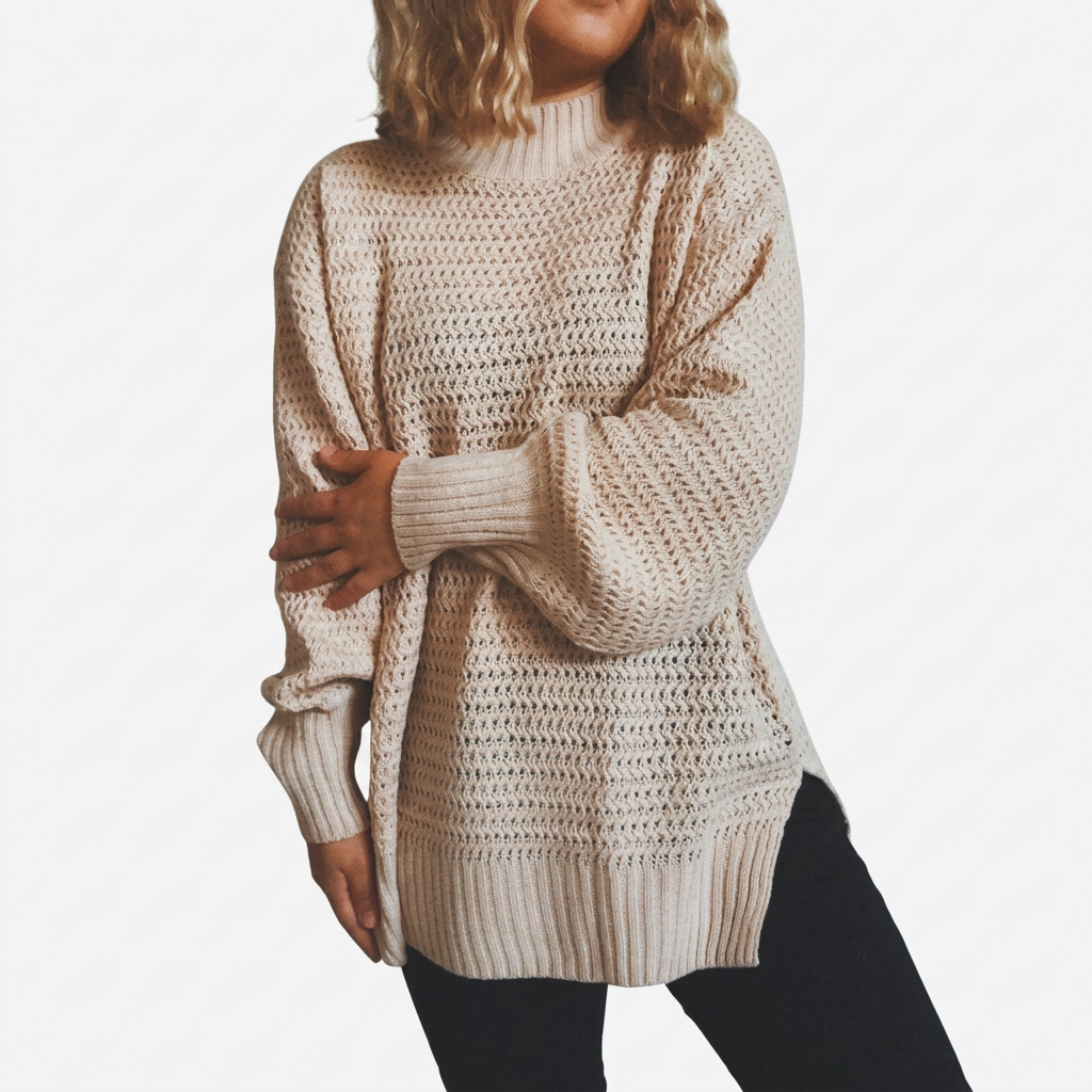 Clara - Pull femme col roulé en maille long et ample à manches longues