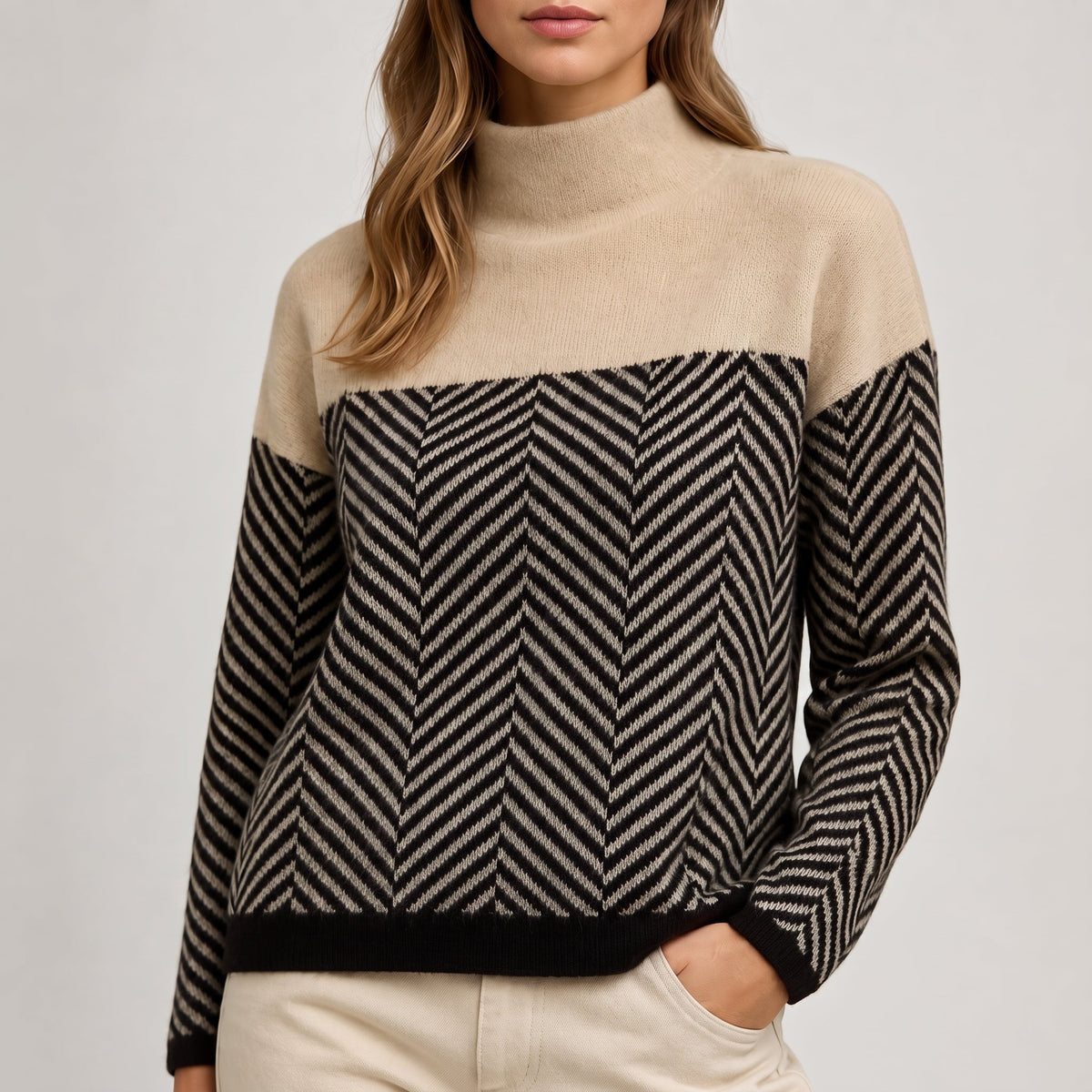Clara - Pull femme col roulé oversize en maille à chevrons chaud et doux