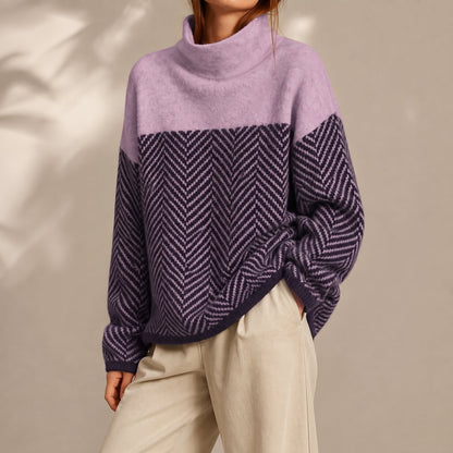 Clara - Pull femme col roulé oversize en maille à chevrons chaud et doux