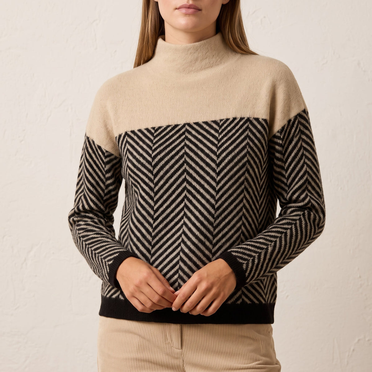 Clara - Pull femme col roulé oversize en maille à chevrons chaud et doux