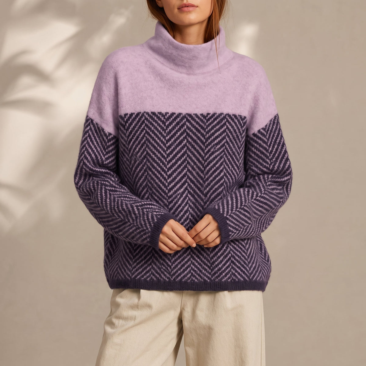 Clara - Pull femme col roulé oversize en maille à chevrons chaud et doux