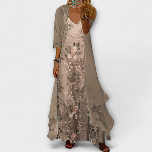 Clara - Robe Longue Romantique Femme avec Veste Assortie et Broderies Florales