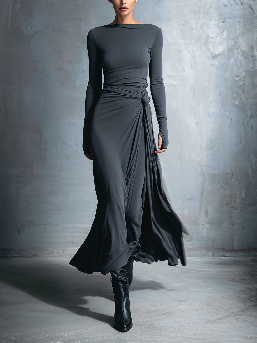 Clara - Robe Maxi Femme avec Manches Longues et Détail Drapé à la Taille