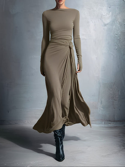 Clara - Robe Maxi Femme avec Manches Longues et Détail Drapé à la Taille