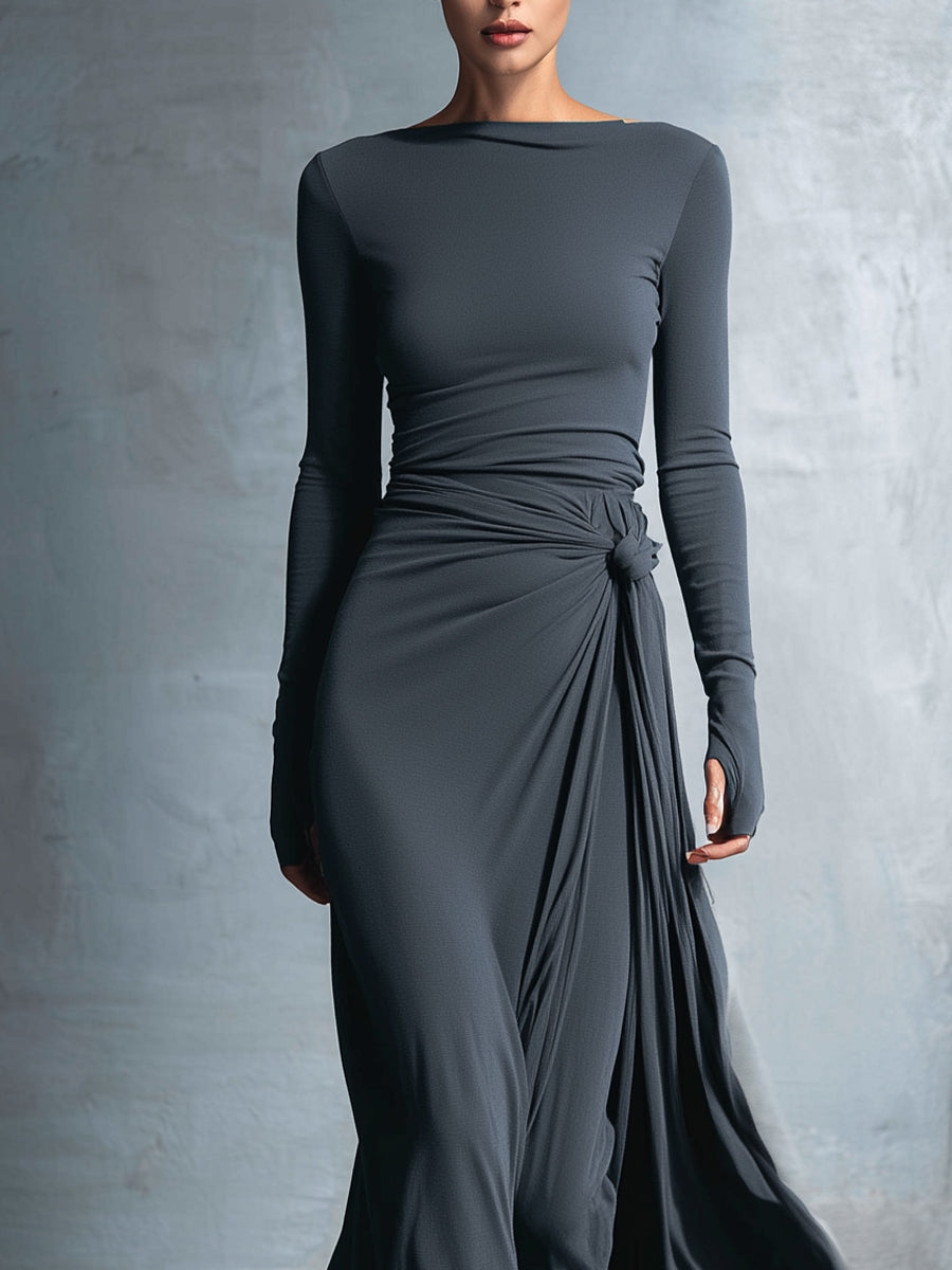 Clara - Robe Maxi Femme avec Manches Longues et Détail Drapé à la Taille
