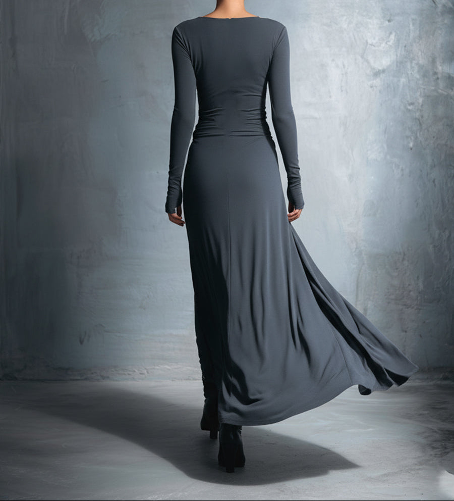 Clara - Robe Maxi Femme avec Manches Longues et Détail Drapé à la Taille