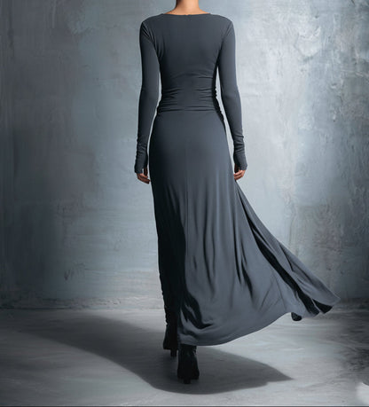 Clara - Robe Maxi Femme avec Manches Longues et Détail Drapé à la Taille