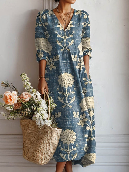 Clara - Robe Maxi en Lin Femme Bohème avec Col en V et Manches Bouffantes