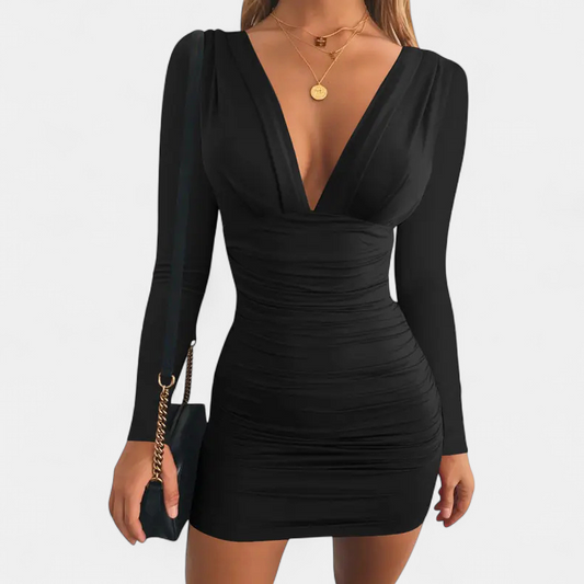 Clara - Robe de soirée femme courte et moulante à manches longues et col V