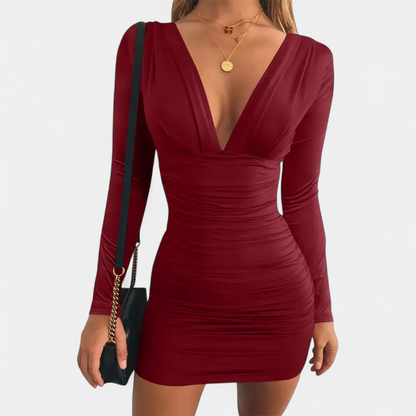 Clara - Robe de soirée femme courte et moulante à manches longues et col V