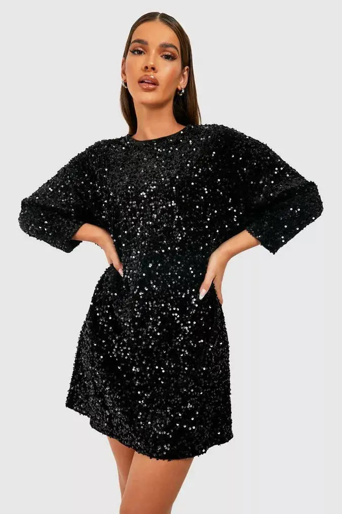 Clara - Robe de soirée femme courte à paillettes oversize avec col rond
