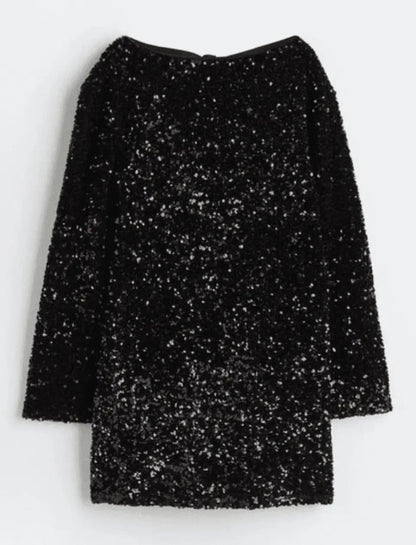 Clara - Robe de soirée femme courte à paillettes oversize avec col rond