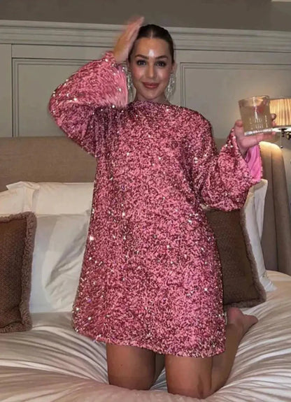 Clara - Robe de soirée femme courte à paillettes oversize avec col rond