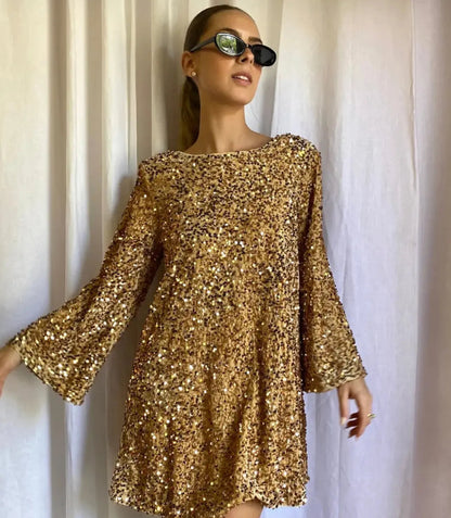 Clara - Robe de soirée femme courte à paillettes oversize avec col rond