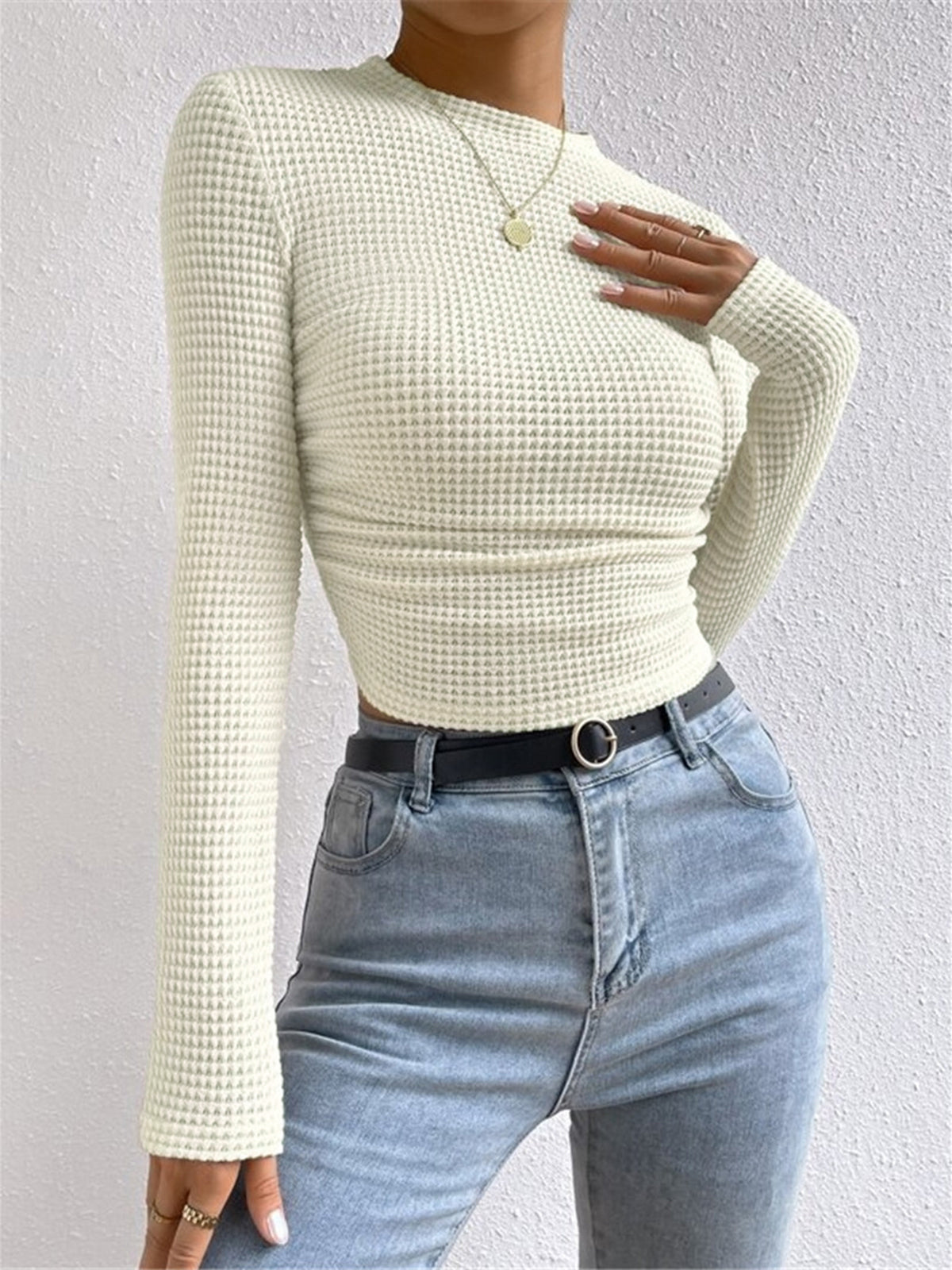 Clara - Top Femme en Maille à Manches Longues et Col Rond Ajusté
