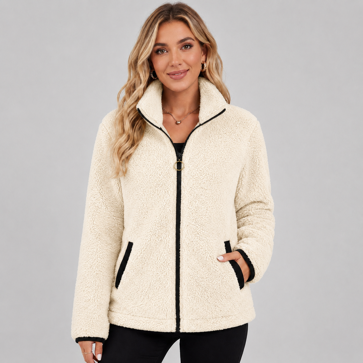 Clara - Veste femme courte et chaude à capuche zippée avec col montant